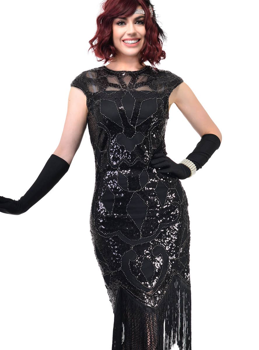 Womens Long Black Gatsby Dress with Fringing, Cap Sleeves and Black Sequins - Close Image