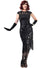 Womens Long Black Gatsby Dress with Fringing, Cap Sleeves and Black Sequins - Front Image