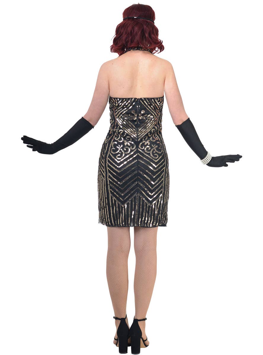 Womens Short Black Gatsby Dress with Gold Sequins and Halterneck - Back Image