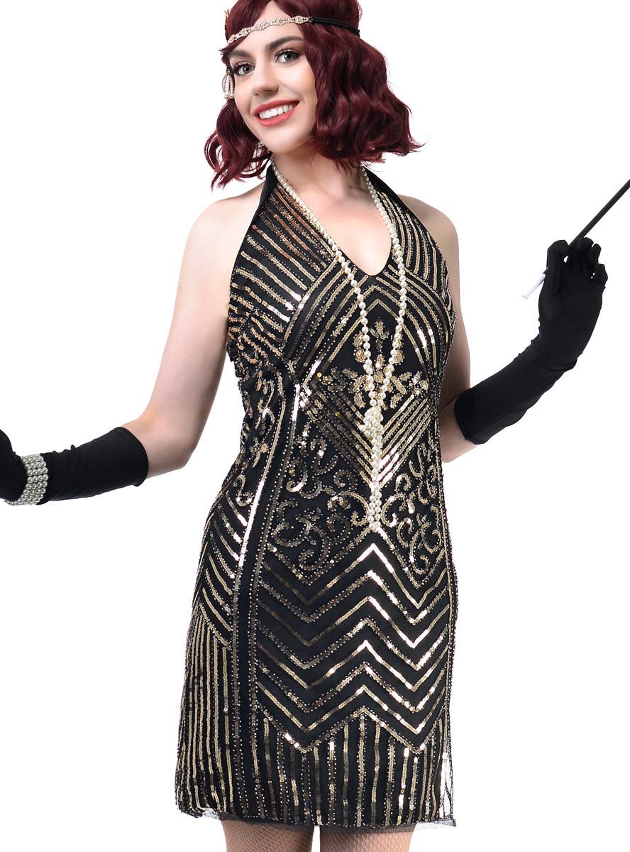 Womens Short Black Gatsby Dress with Gold Sequins and Halterneck - Close Image