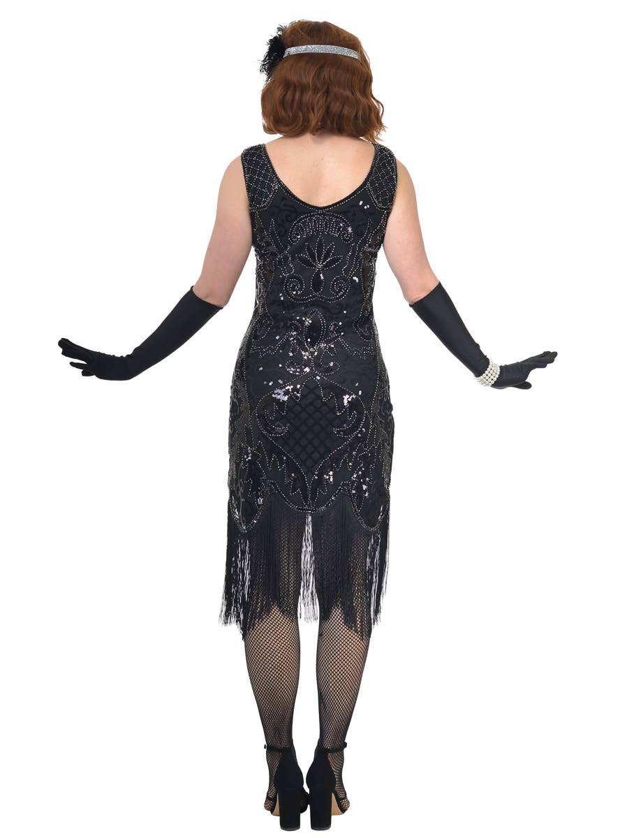 Womens Long Black Gatsby Dress with Black Fringing, Black Sequins and Silver Beads - Back Image