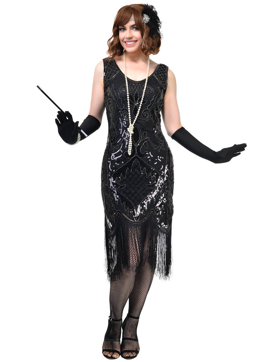 Plus Size Womens Long Black Gatsby Dress with Black Fringing, Black Sequins and Silver Beads - Front Image