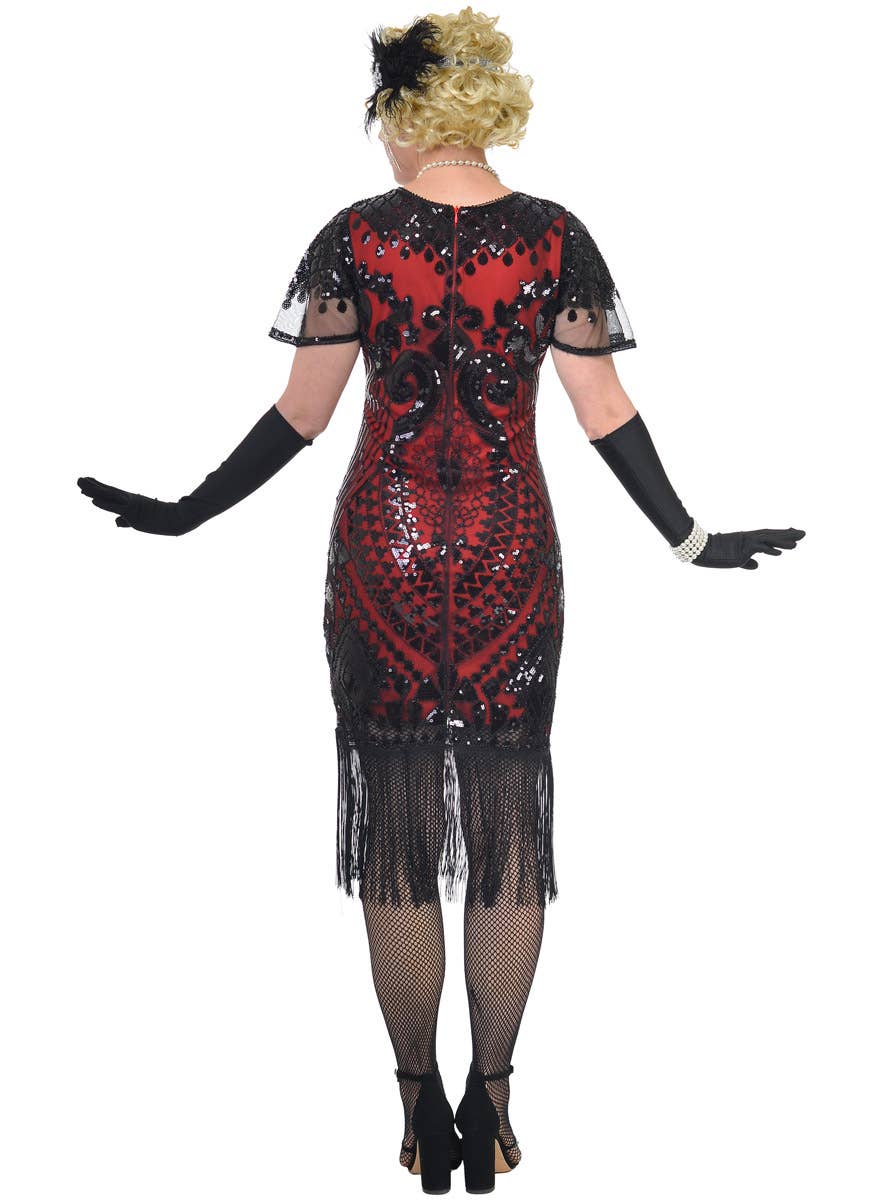 Womens Red Gatsby Dress with Black Sequins, Fringing and Mesh Sleeves - Back Image