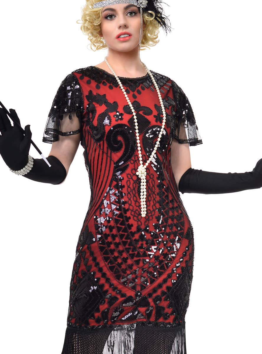 Womens Red Gatsby Dress with Black Sequins, Fringing and Mesh Sleeves - Close Image