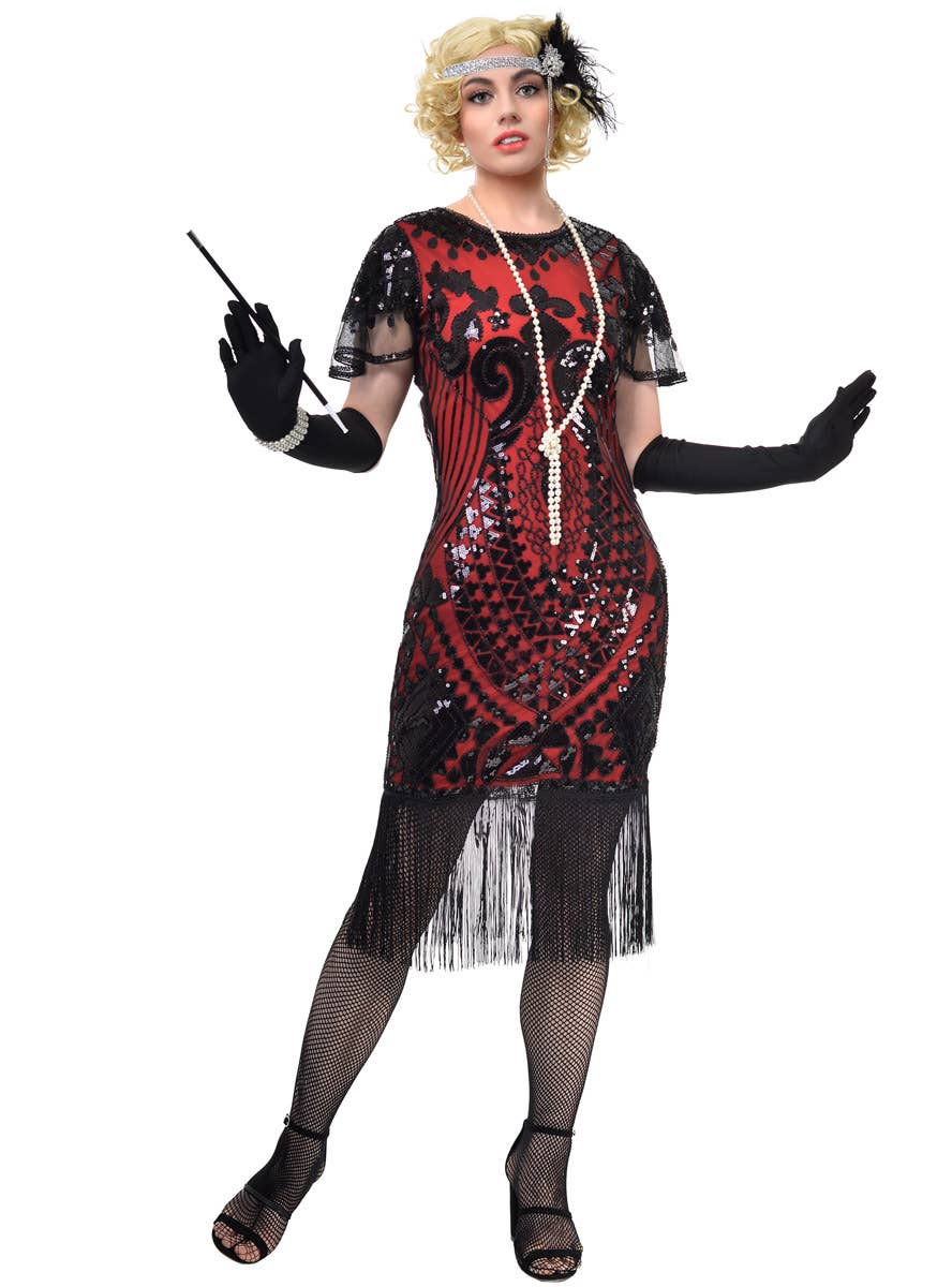 Womens Red Gatsby Dress with Black Sequins, Fringing and Mesh Sleeves - Front Image