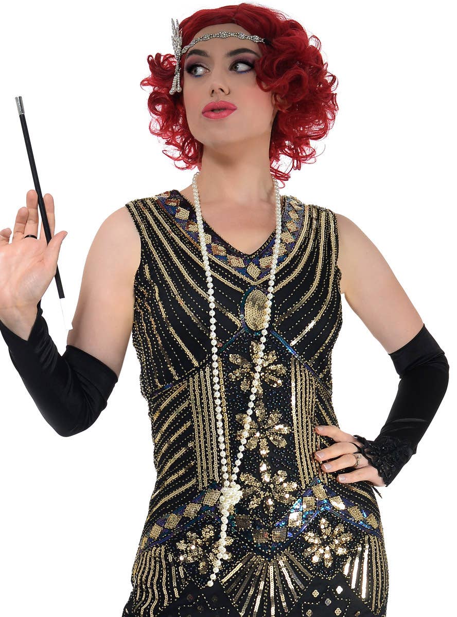 Womens Black and Gold 1920s Sequin Gatsby Dress - Close Image