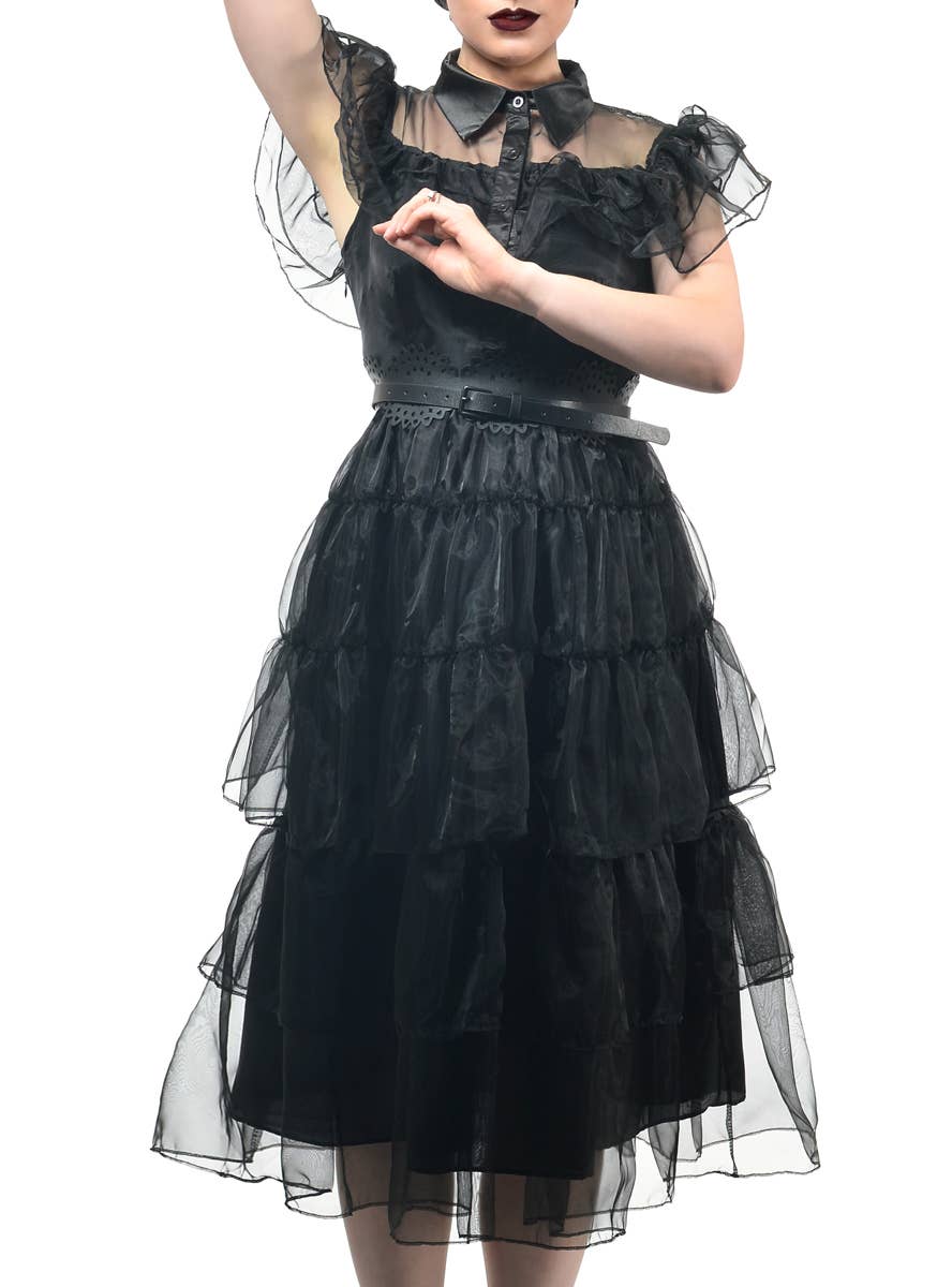 Image of Deluxe Women's Wednesday Addams Party Dress Costume - Close Front Image