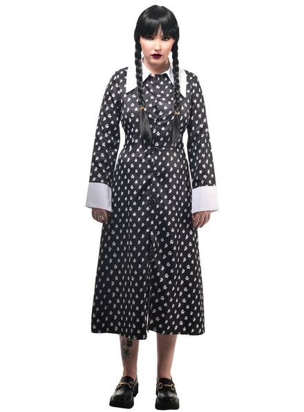 Image of Deluxe Button Up Wednesday Addams Women's Halloween Costume - Front View