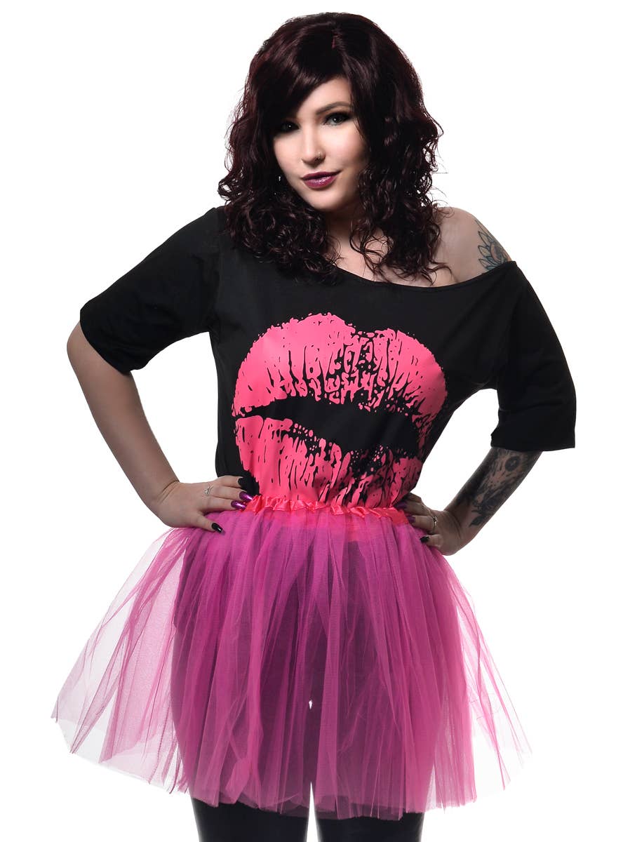 Image of Hot Pink 1980s Women's Lips Shirt and Tutu Costume Set - Close Image