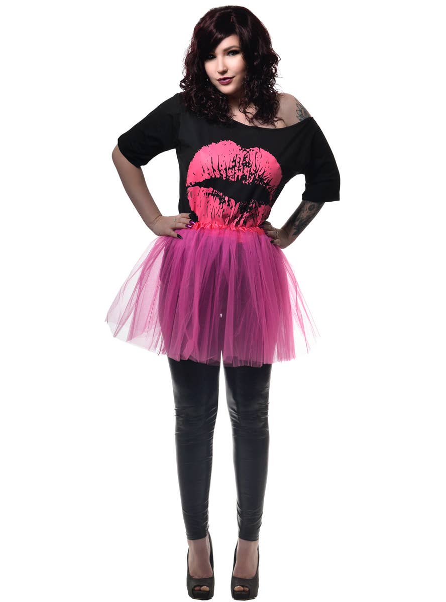 Image of Hot Pink 1980s Women's Lips Shirt and Tutu Costume Set - Main Image