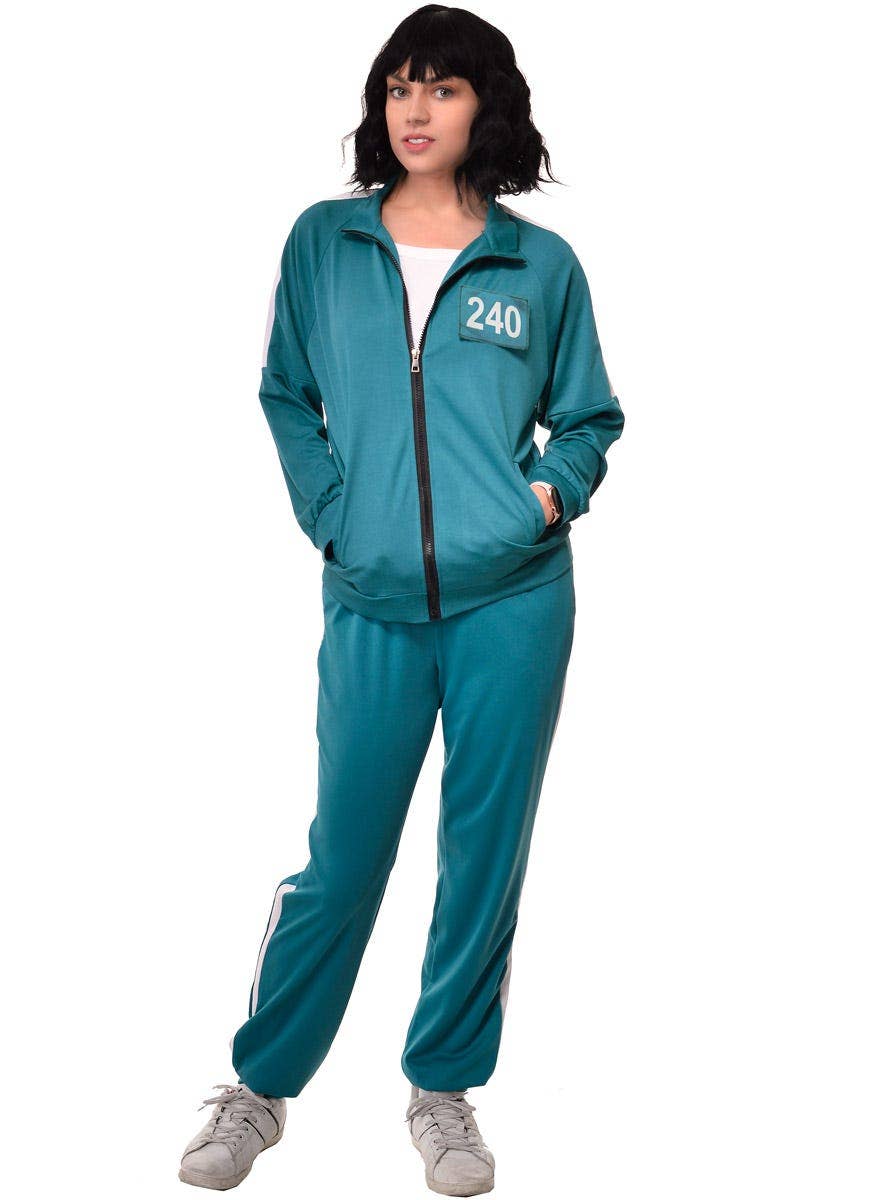 Adult's Plus Size Squid Games Tracksuit Costume with Number 001 or 240 - 240 Front Image