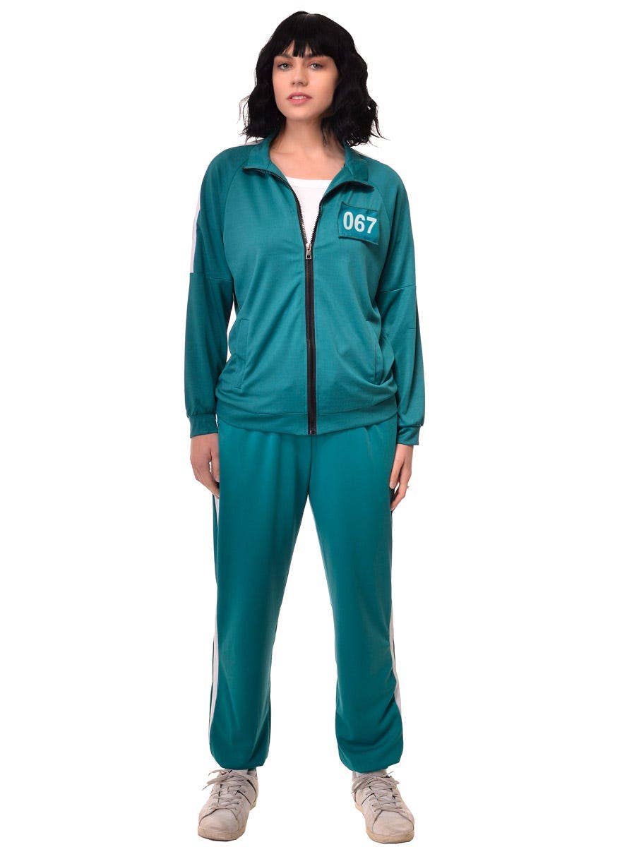 Adult's Plus Size Squid Games Tracksuit Costume with Number 456 or 067 - 067 Front Image