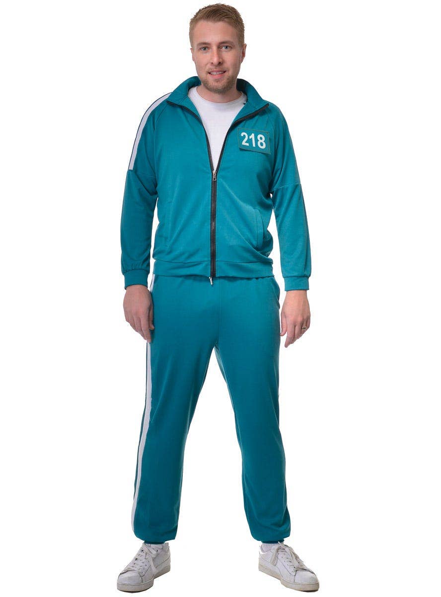 Adult's Plus Size Squid Games Tracksuit Costume with Number 001 or 218 - 218 Front Image