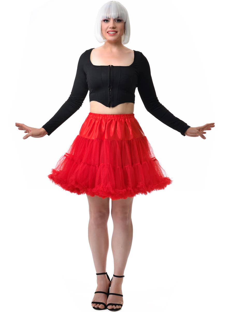 Thigh Length Fluffy Red Petticoat for Women - Full View Image