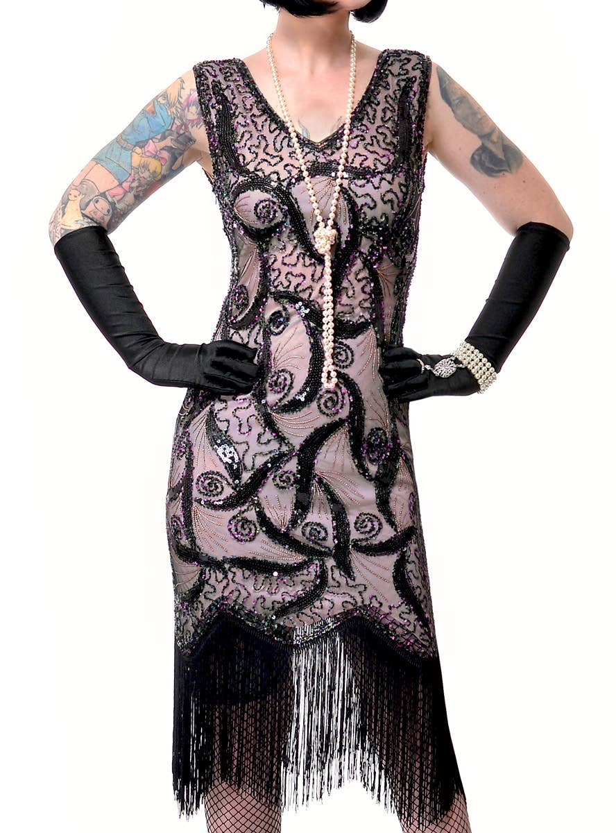 Women's Deluxe Salmon Pink and Black Roaring 20s Great Gatsby Dress Up Costume - Close View