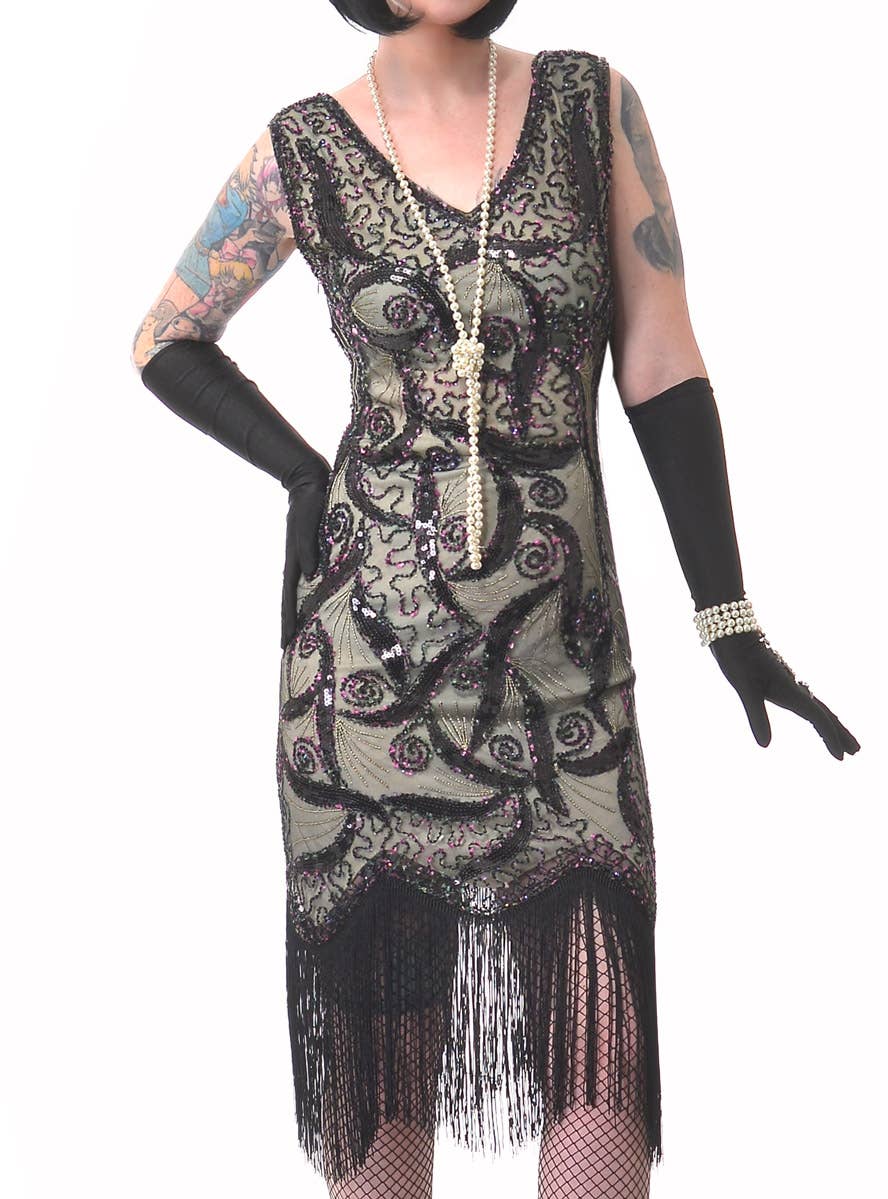 Light Olive Green and Black Women's Deluxe Sequinned Gatsby Costume Dress - Close View