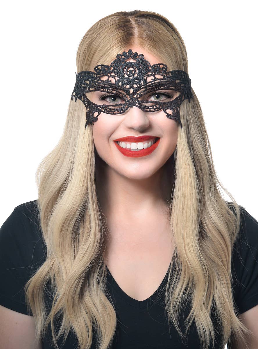 Image of Luxe Black Lace Tie On Women's Masquerade Mask