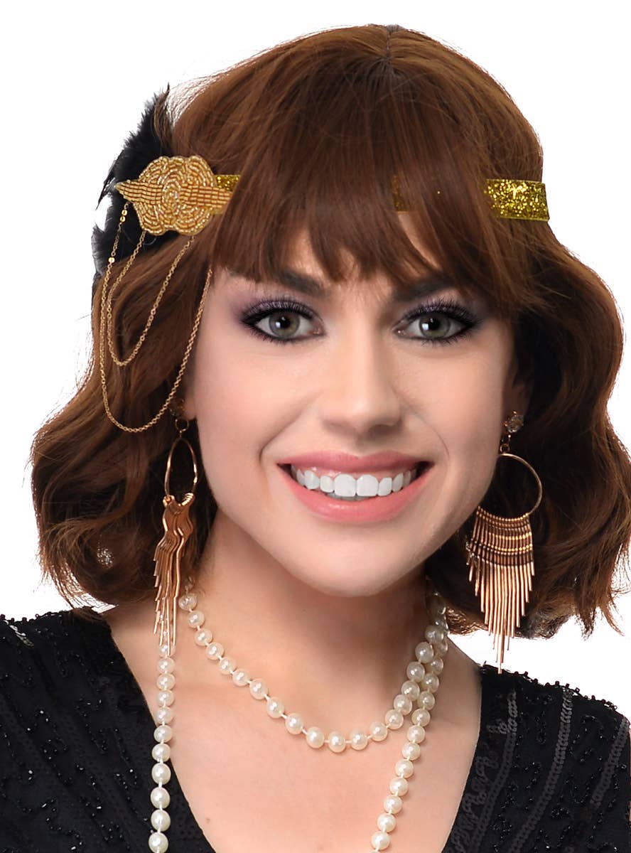 Gatsby 5 Piece Set with Black and Gold Chain Headband, Black Gloves, Pearls, Cigarette Holder and Gold Earrings - Close Image 1