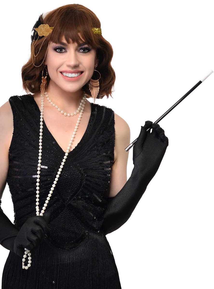 Gatsby 5 Piece Set with Black and Gold Chain Headband, Black Gloves, Pearls, Cigarette Holder and Gold Earrings - Main Image