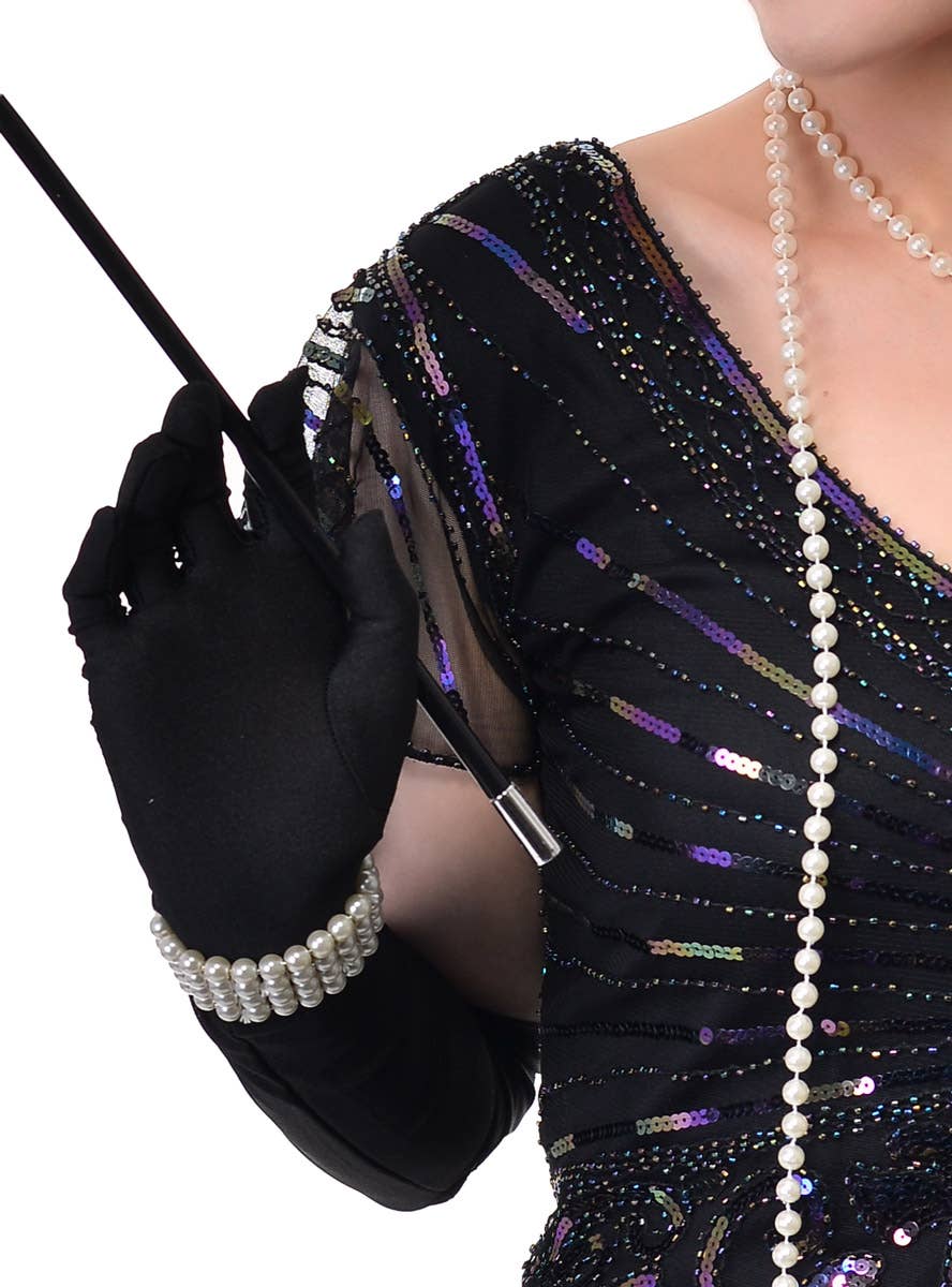 1920s 5 Piece Set with Black and Silver Headband, Black Gloves, Pearls, Cigarette Holder and Pearl Bracelet - Close Image 2