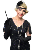 4 Piece 1920s Set with Black Beaded Headband, Black Gloves, Pearls And Cigarette Holder - Main Image