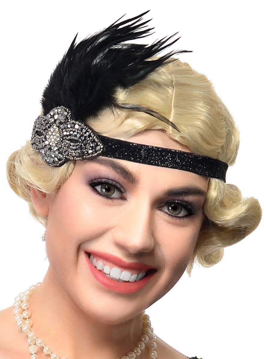 4 Piece 1920s Set with Black Beaded Headband, Black Gloves, Pearls And Cigarette Holder - Close Image 1