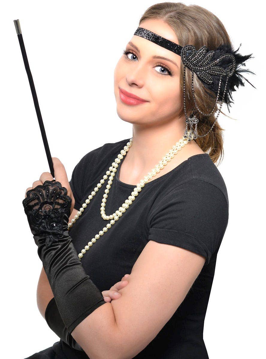 5 Piece Black Feather with Chain Headband, Cigarette Holder, Earrings, Gloves and Beads Flapper Set - Alternative Image 1