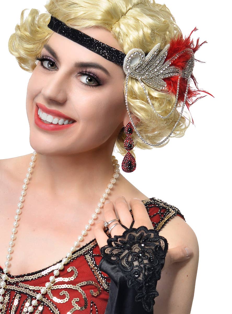 Red Feather with Silver Chain Headband, Cigarette Holder, Earrings, Gloves and Beads 5 Piece Flapper Set - Close Image 1
