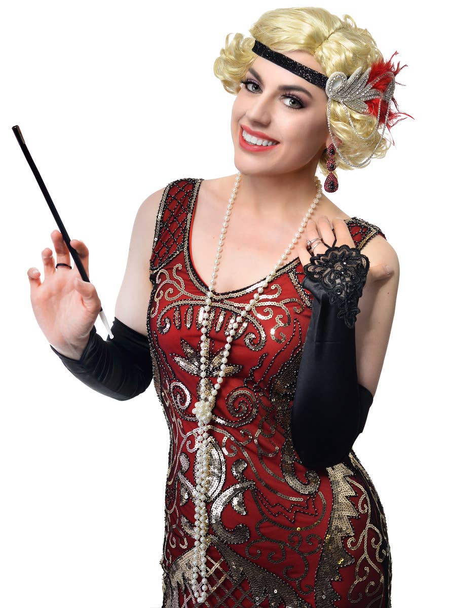 Red Feather with Silver Chain Headband, Cigarette Holder, Earrings, Gloves and Beads 5 Piece Flapper Set - Main Image