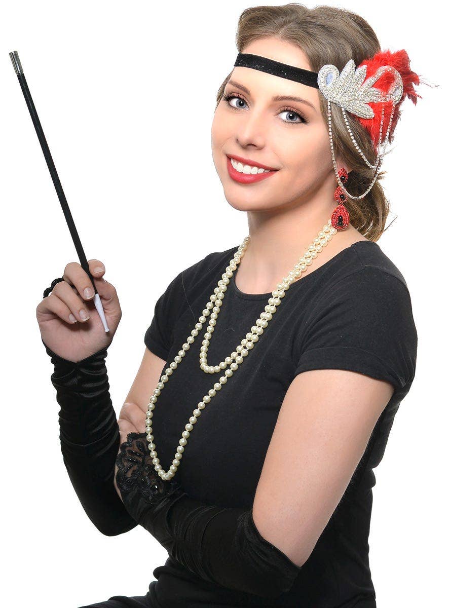 Red Feather with Silver Chain Headband, Cigarette Holder, Earrings, Gloves and Beads 5 Piece Flapper Set - Alternative Image 1
