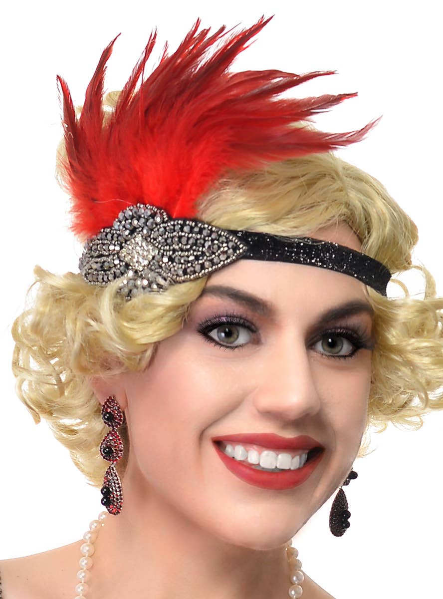 Red and Black Feather Headband, Cigarette Holder, Earrings, Gloves and Beads 5 Piece Flapper Set - Close Image