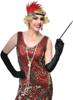 Red and Black Feather Headband, Cigarette Holder, Earrings, Gloves and Beads 5 Piece Flapper Set - Main Image