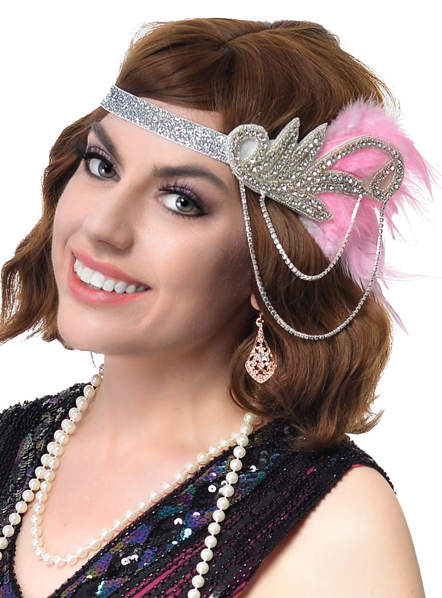 Pink and Silver Feather Headband, Cigarette Holder, Earrings, Gloves and Beads 5 Piece Flapper Set - Close Image