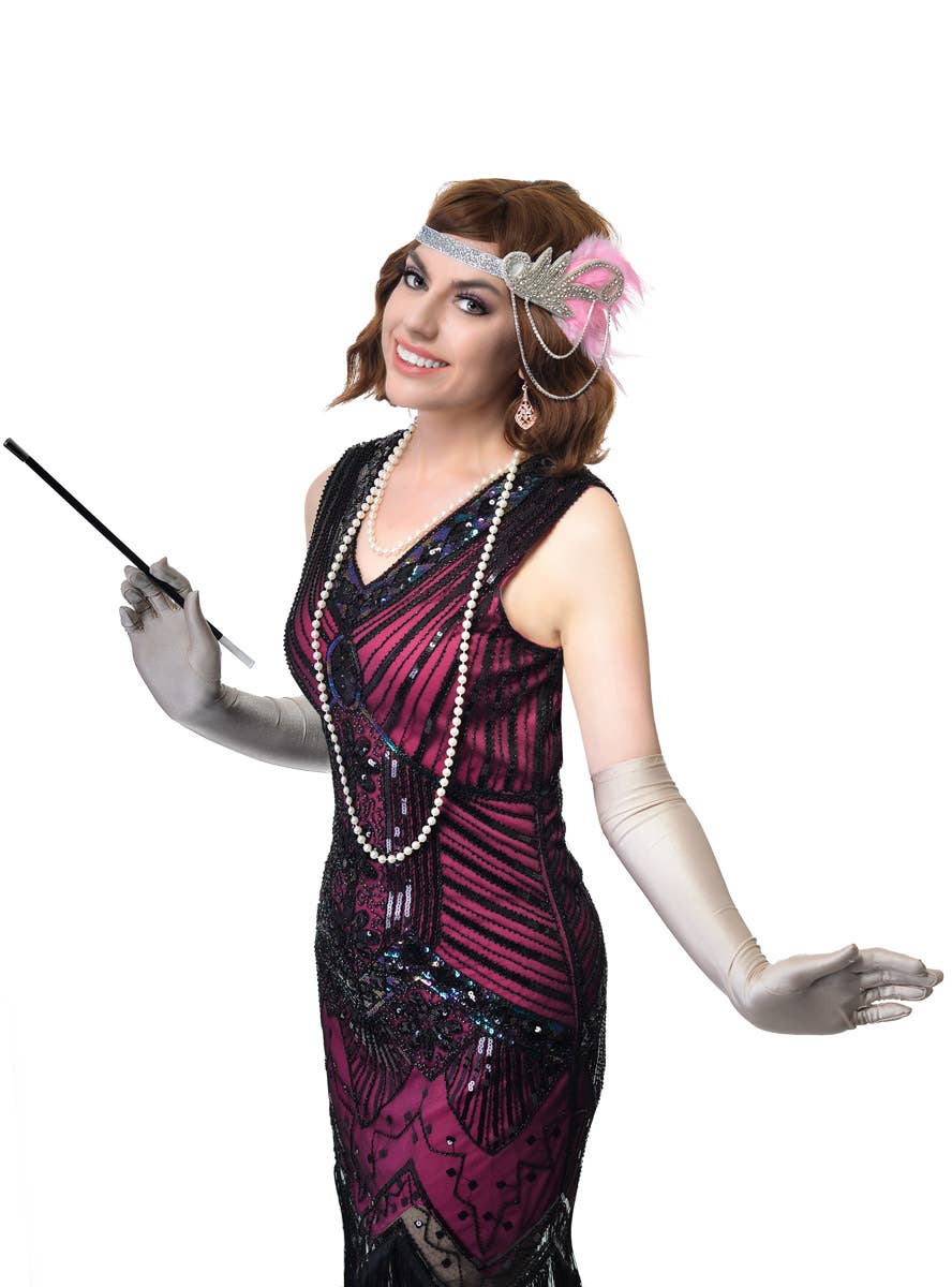 Pink and Silver Feather Headband, Cigarette Holder, Earrings, Gloves and Beads 5 Piece Flapper Set - Full Image