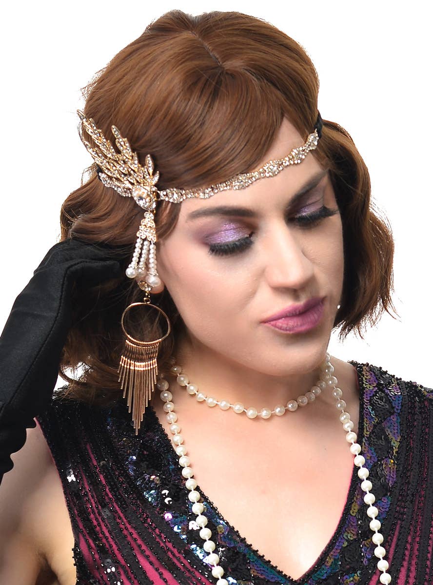 Gold Rhinestone Headband, Cigarette Holder, Earrings, Gloves and Beads 5 Piece Flapper Set - Close Image 2