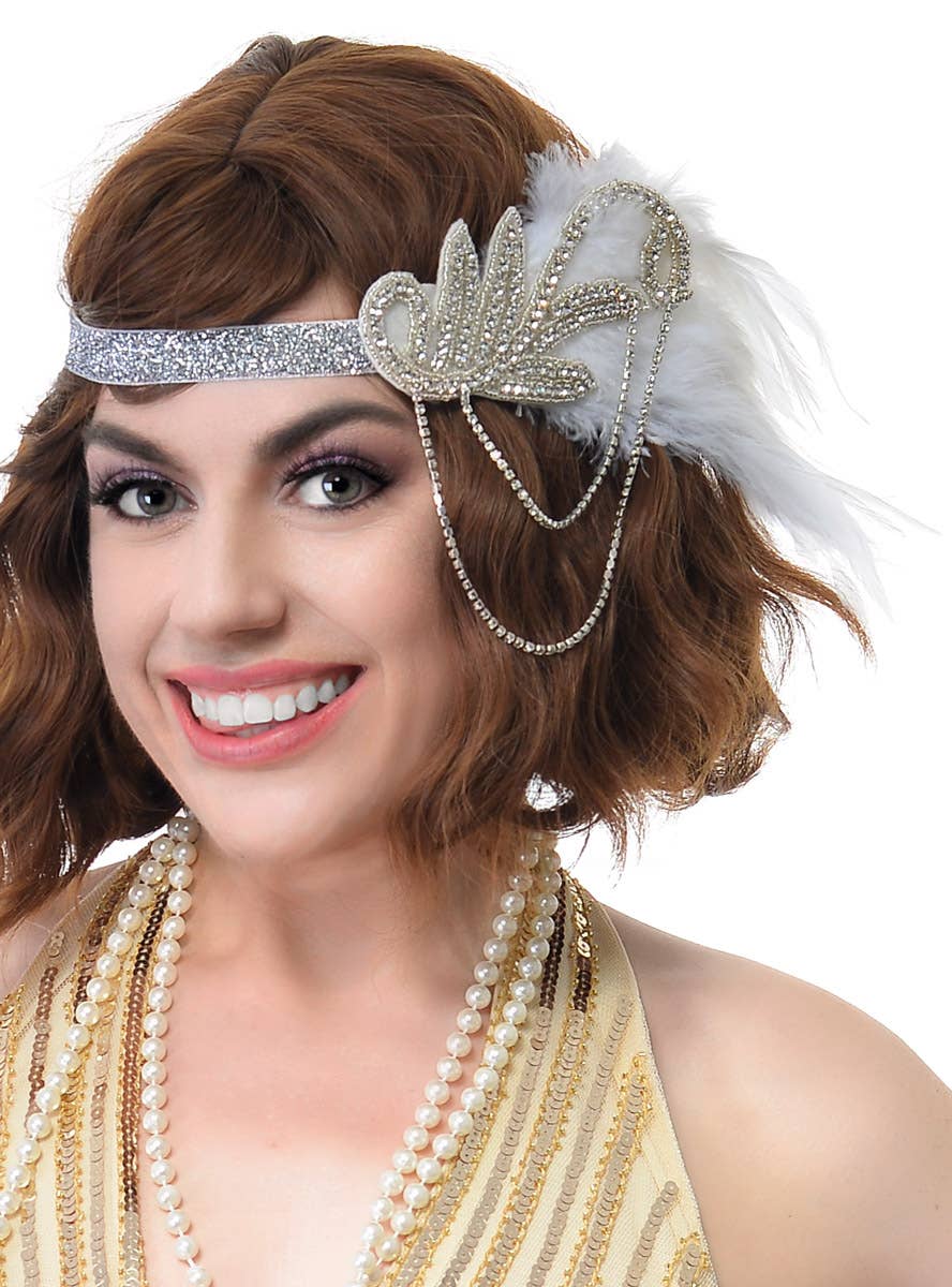 Silver and White Chain Gatsby Headband, Cigarette Holder, Beads and Gloves 4 Piece Gatsby Set - Close Image