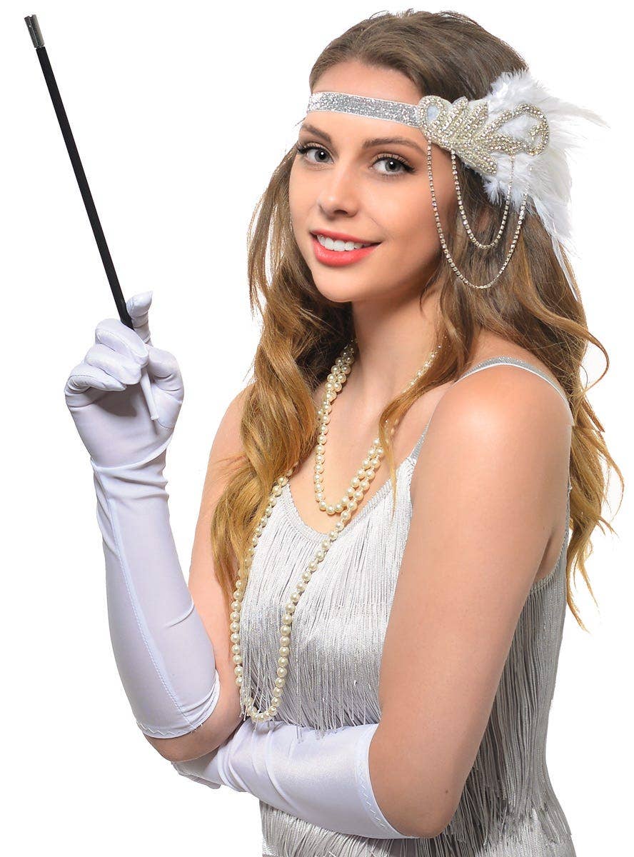 Silver and White Chain Gatsby Headband, Cigarette Holder, Beads and Gloves 4 Piece Gatsby Set - Alternative Image 1