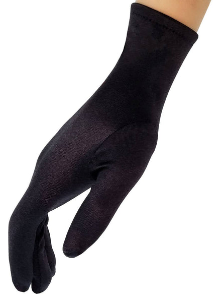 Short Glossy Black Satin Wrist Length Gloves