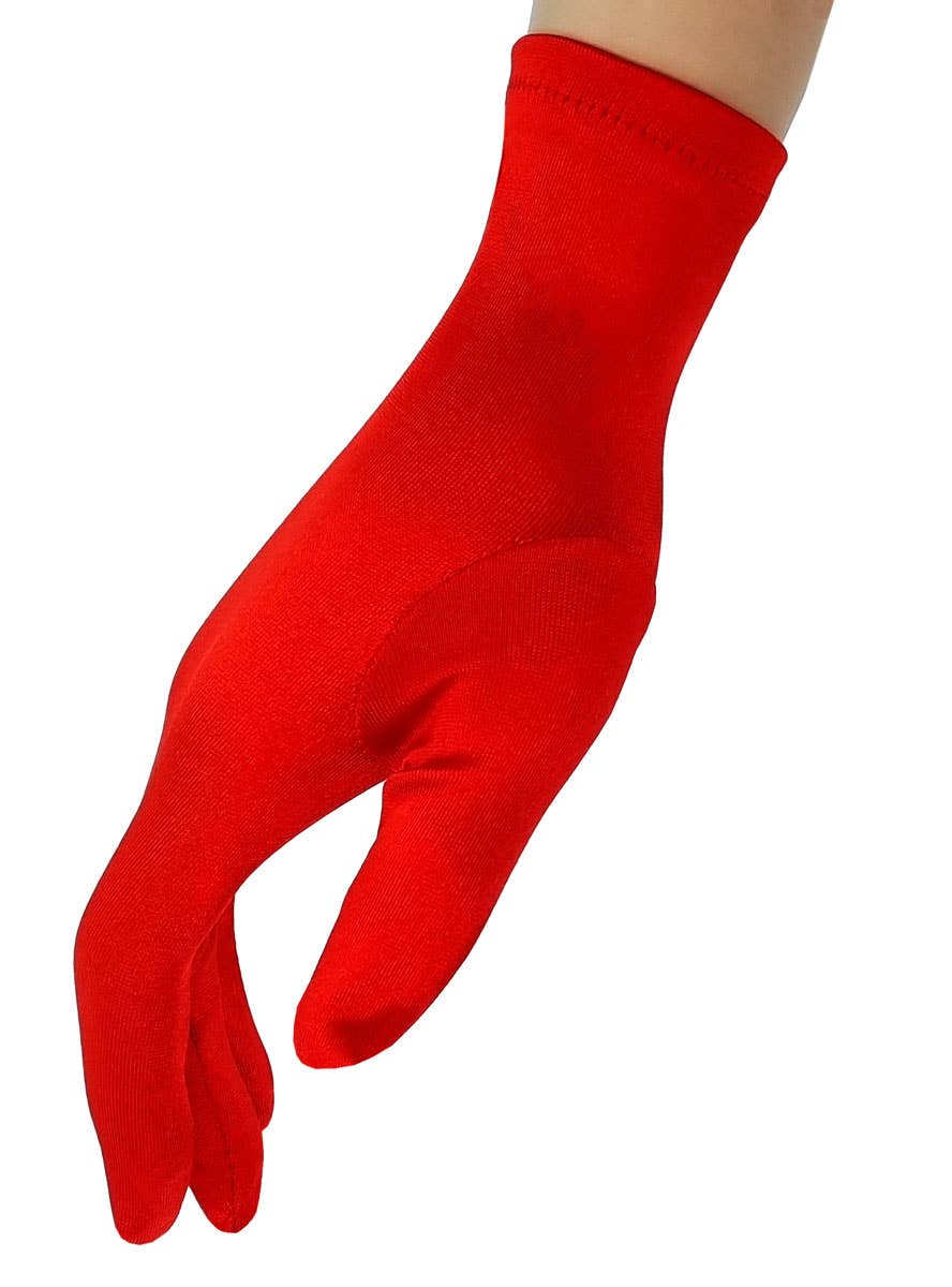 Short Glossy Red Satin Wrist Length Gloves