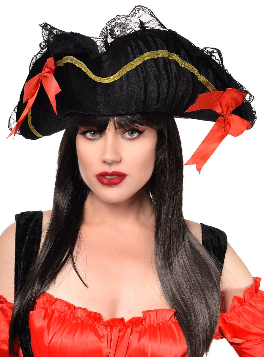 Womens Black Velvet Pirate Hat with Lace Trim and Red Bows - Main Image