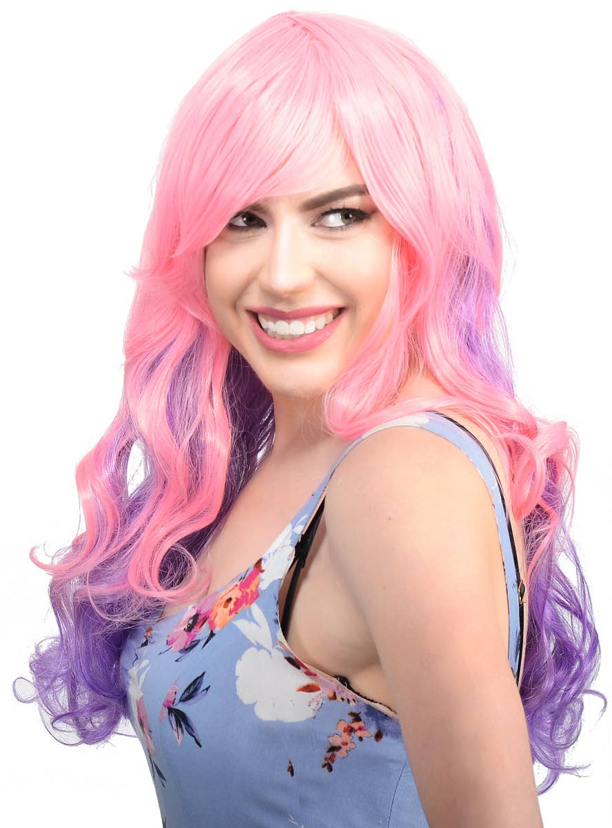 Pastel Pink and Purple Curly Wig with Side Fringe Side Image