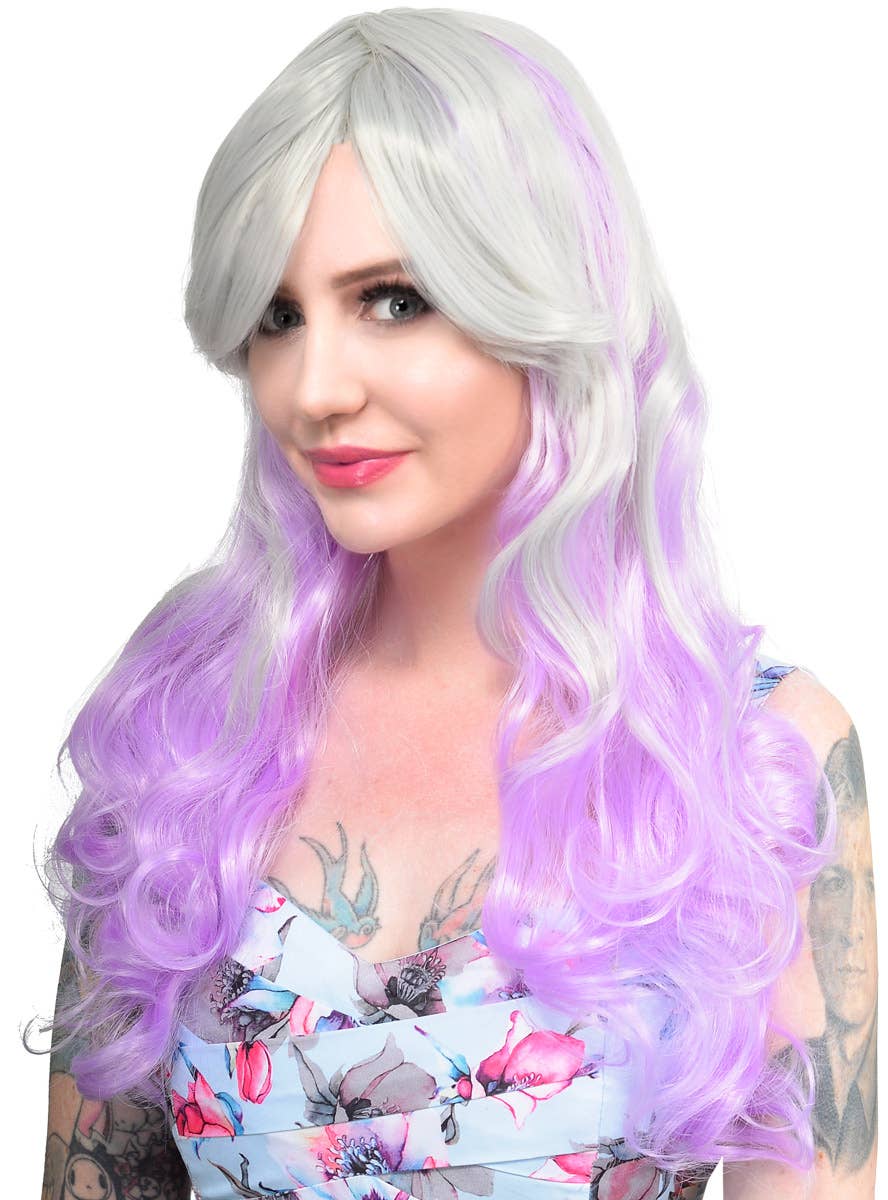 Womens Silver and Pastel Purple Wavy Wig with Side Fringe Alternate Image 1