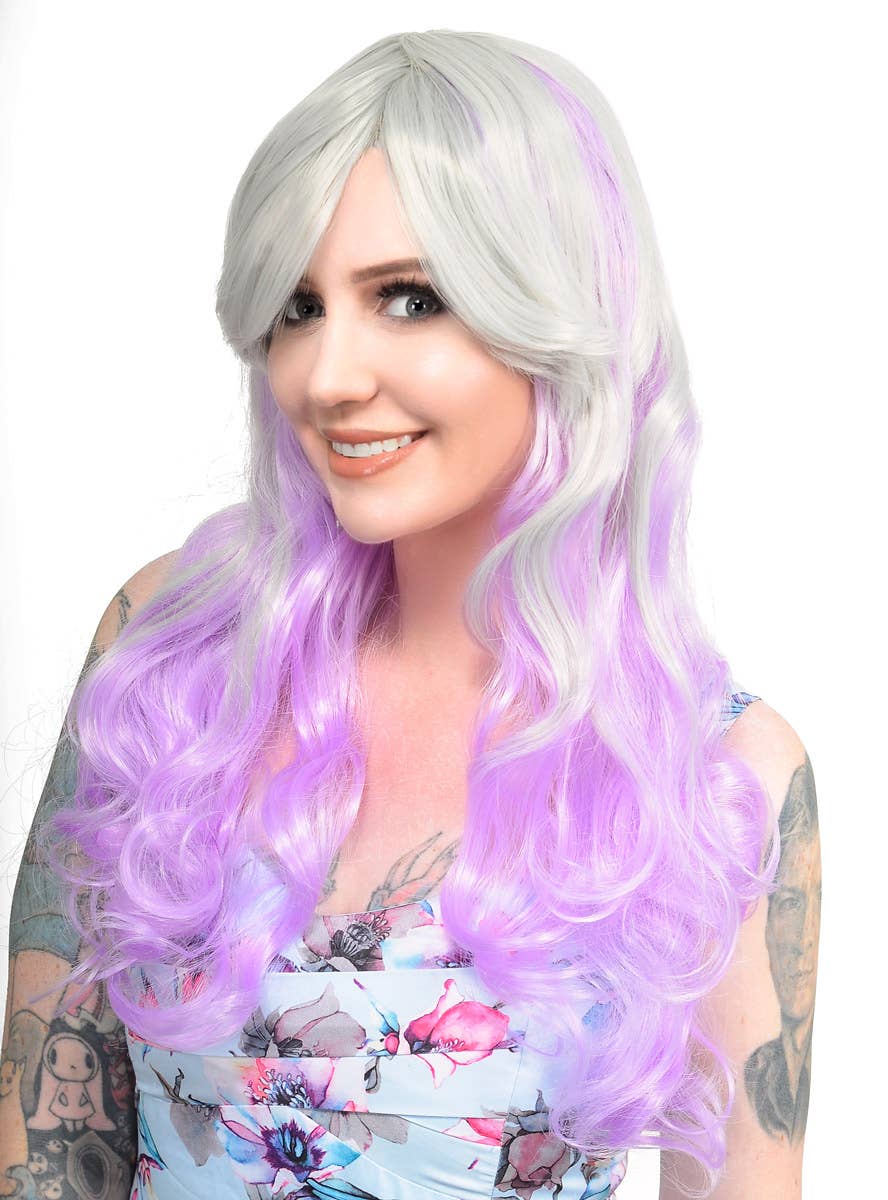 Womens Silver and Pastel Purple Wavy Wig with Side Fringe Alternate Image 2