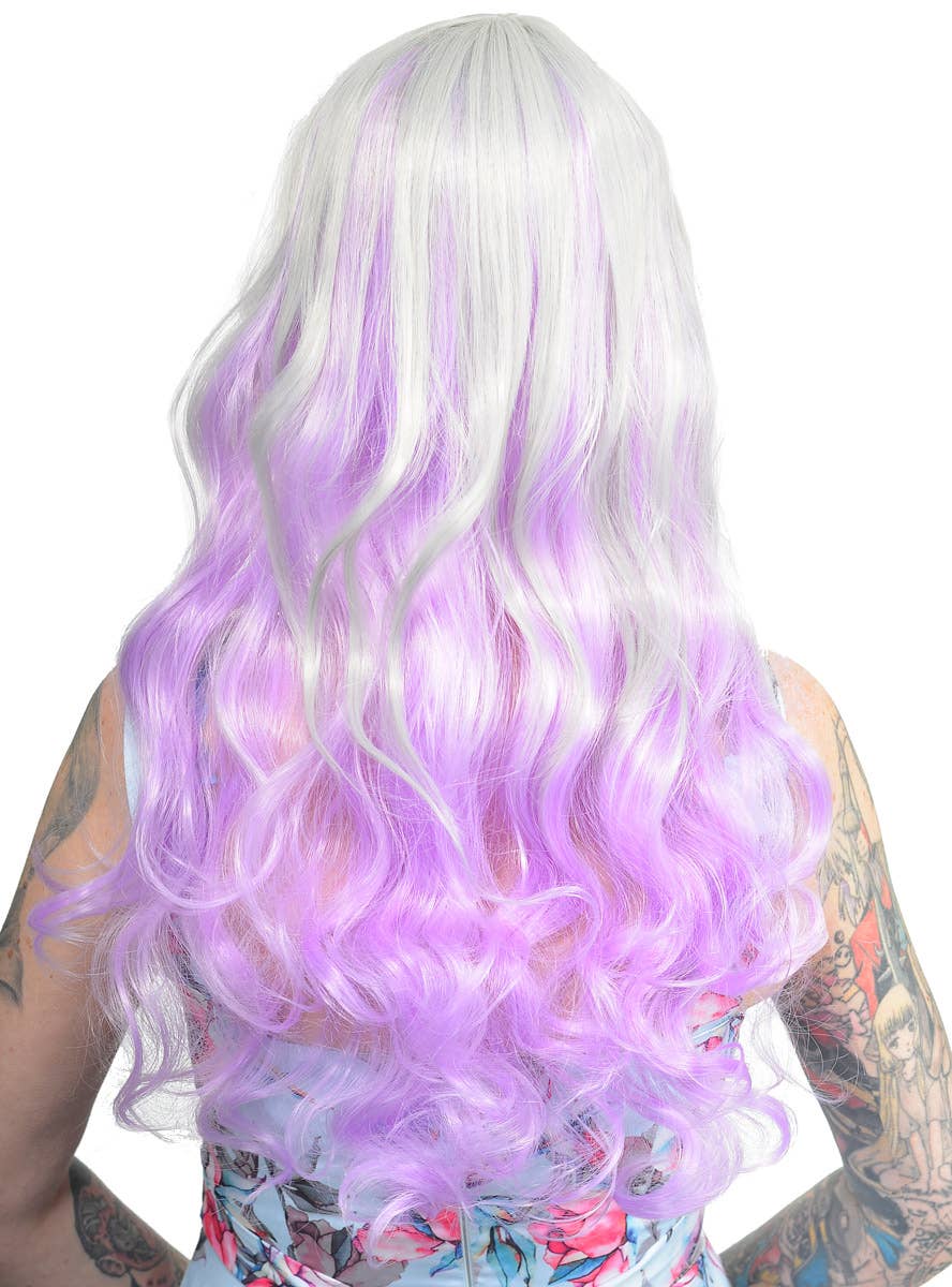 Womens Silver and Pastel Purple Wavy Wig with Side Fringe Back Image