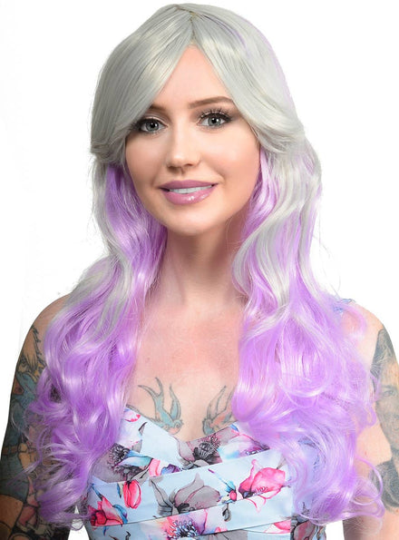 Womens Silver and Pastel Purple Wavy Wig with Side Fringe Front Image