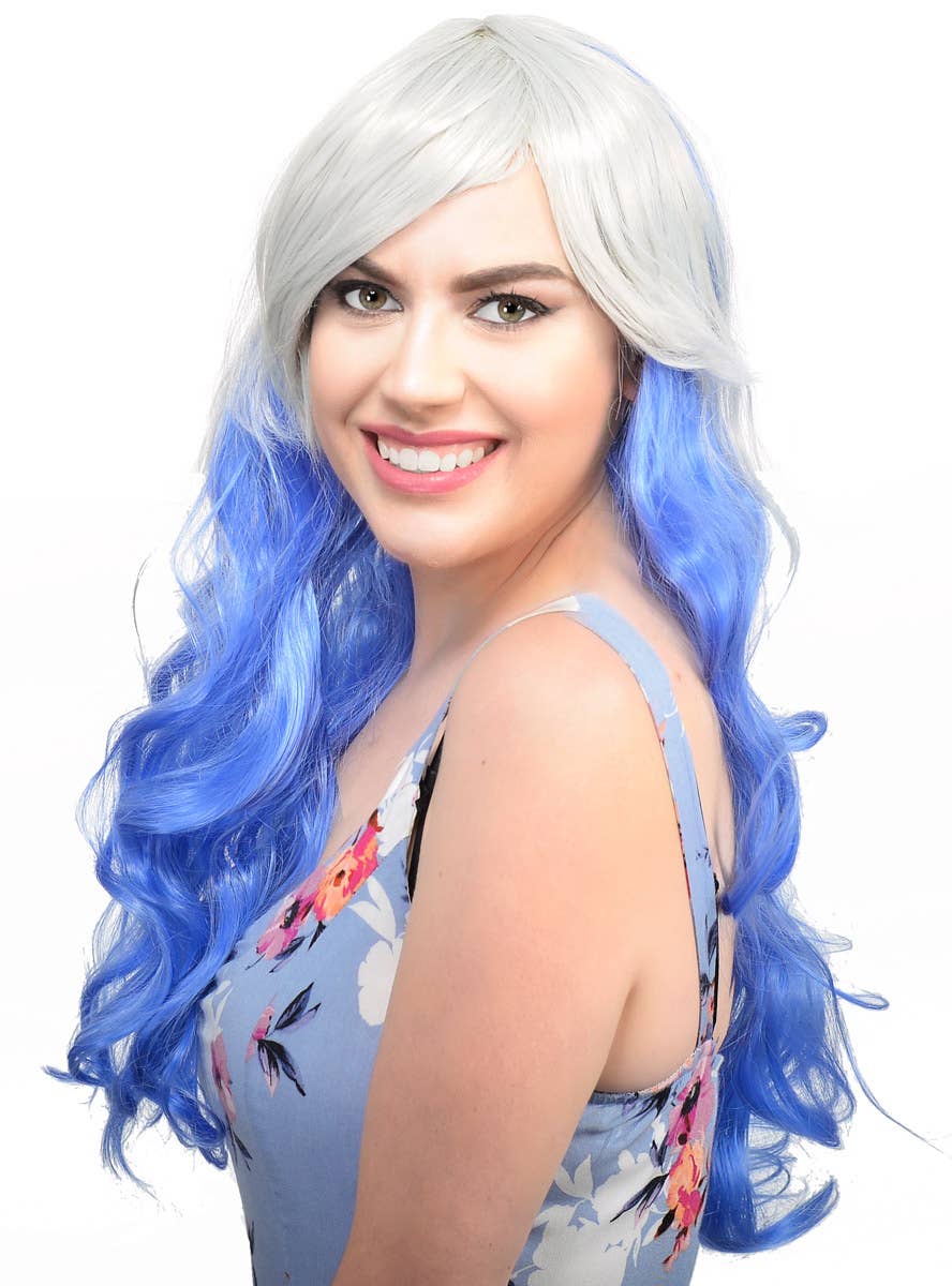 Grey and Blue Women's Curly Wig with Side Fringe Side Image