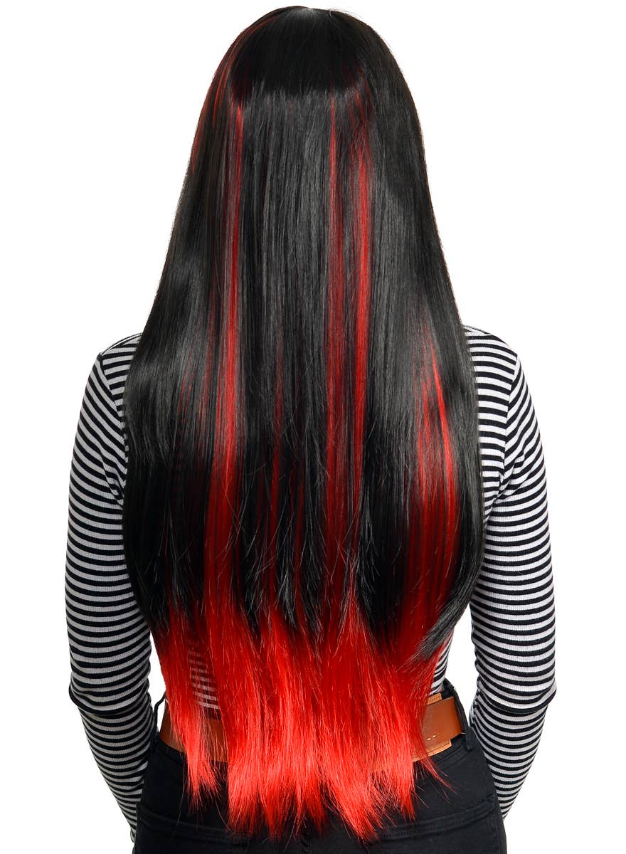 Extra Long Straight Black and Red Straight Costume Wig with Fringe - Back Image