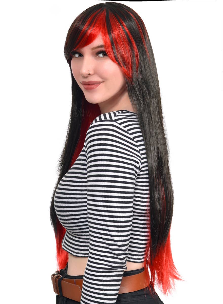 Extra Long Straight Black and Red Straight Costume Wig with Fringe - Side Image