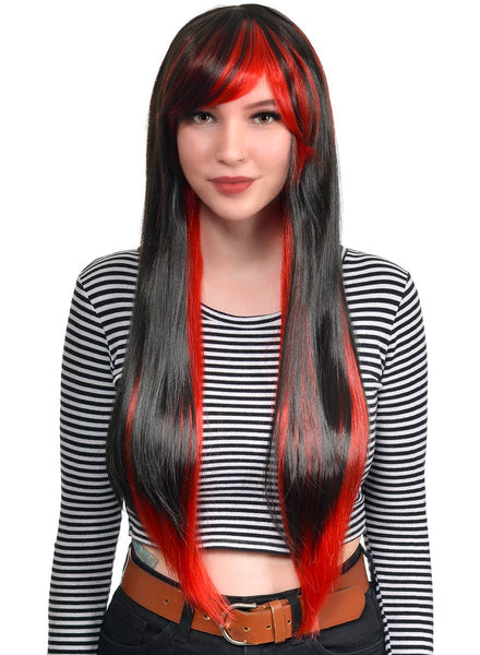 Extra Long Straight Black and Red Straight Costume Wig with Fringe - Front Image