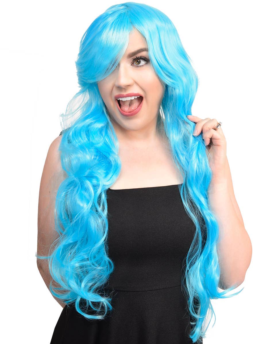 Womens Long Curly Light Blue Costume Wig Alternate Front Image 2